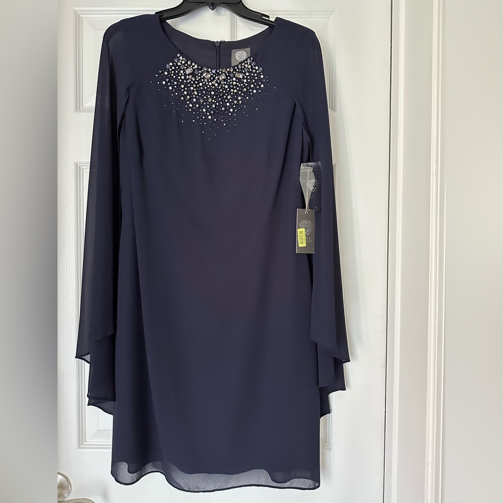 Vince Camuto Navy Long-Sleeve Embellished Mother of Bride or Formal Dress